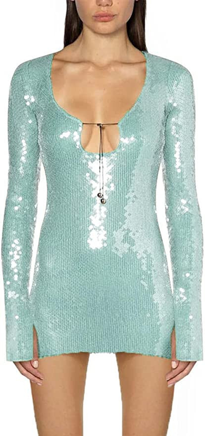 Sequin Dress for Women Sexy Cutout V Neck Ball Gown Long Sleeve Sparkly Homecoming Dress Glitter ... | Amazon (US)