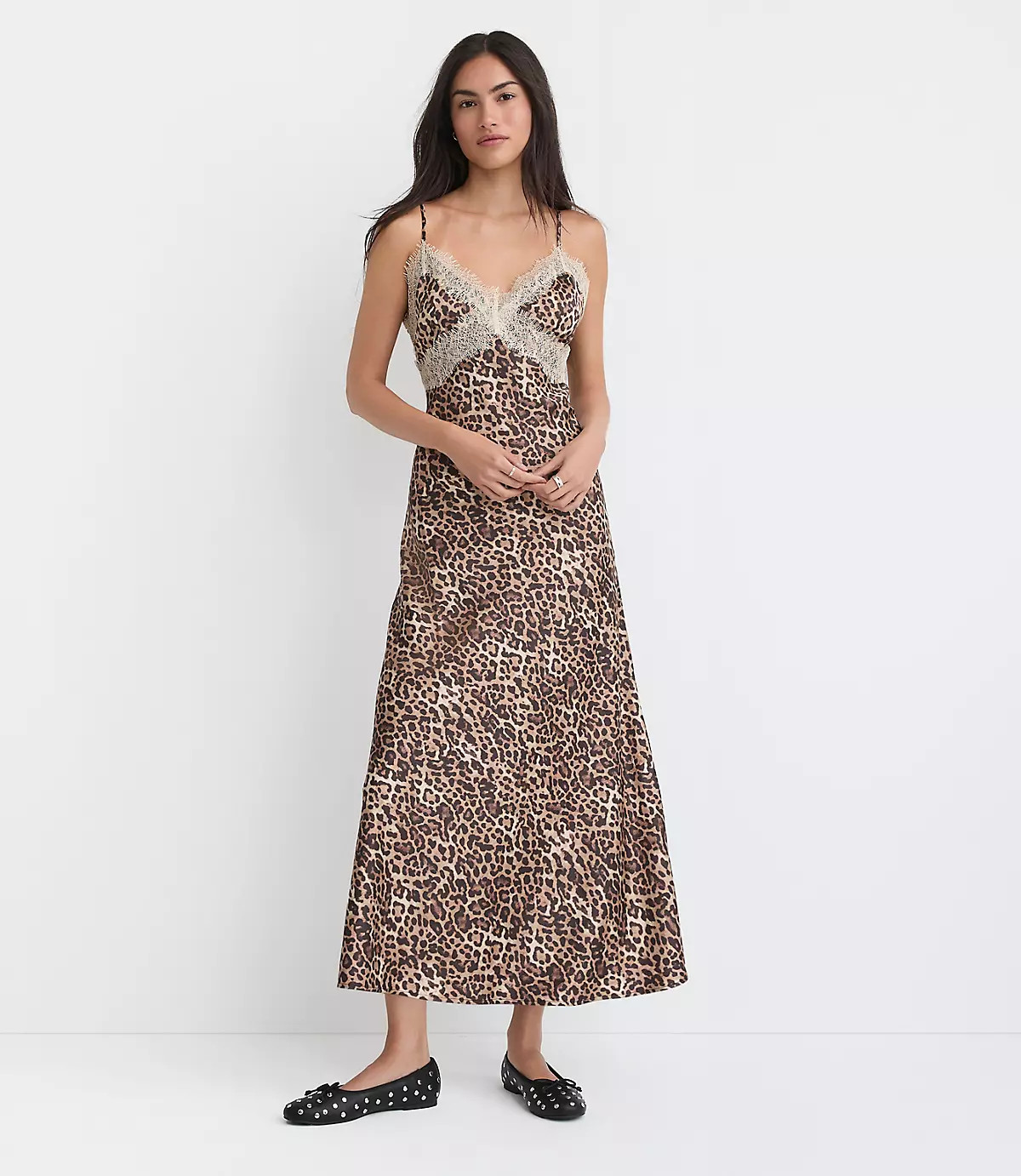 Leopard Print Lace Trim Satin Midi Slip Dress | LOFT