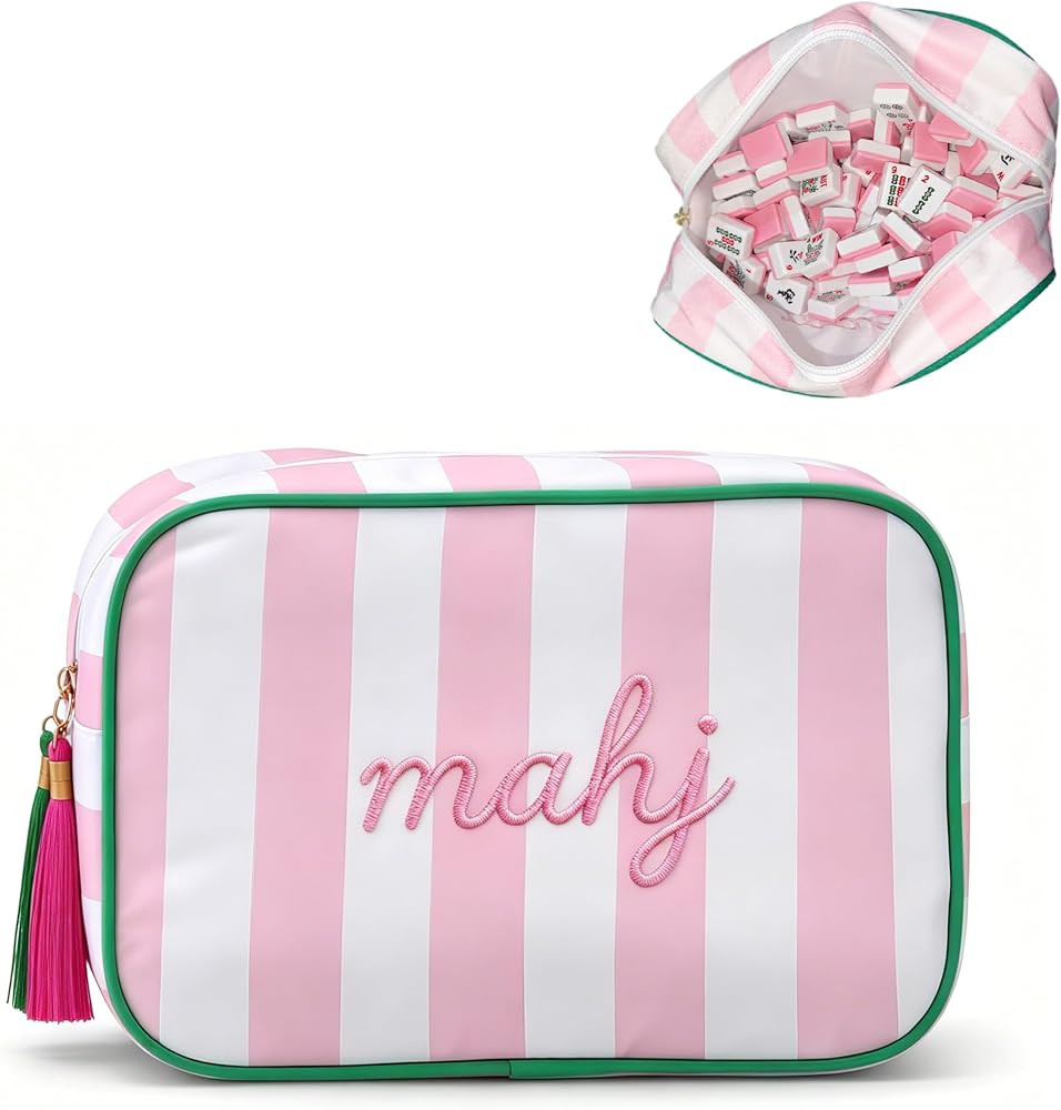 American Mahjong Tile Bag for 166 Tiles (1.2") \u2013 Pink Striped Embroidered \u201cmahj\u201d S... | Amazon (US)