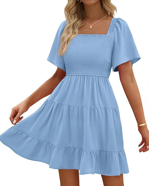 BTFBM Womens Summer Smocked Mini Dress Spring Square Neck Flutter Sleeve Casual Ruffle Swing Boho... | Amazon (US)