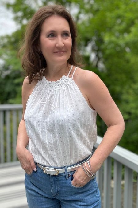 Halter style top with pretty straps. All cotton. Girlfriend Jeans are past year. 

Code THERESAP for 10% off Melinda Maria Jewelry 

#LTKFindsUnder50 #LTKStyleTip #LTKSaleAlert