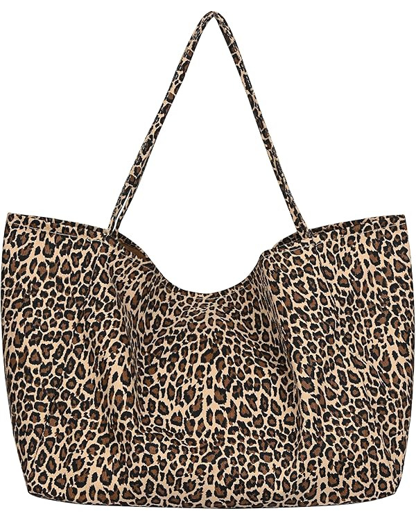 Large Leopard Print Canvas Tote Bag, Shoulder Handbag, Beach Shopping Purse | Amazon (US)