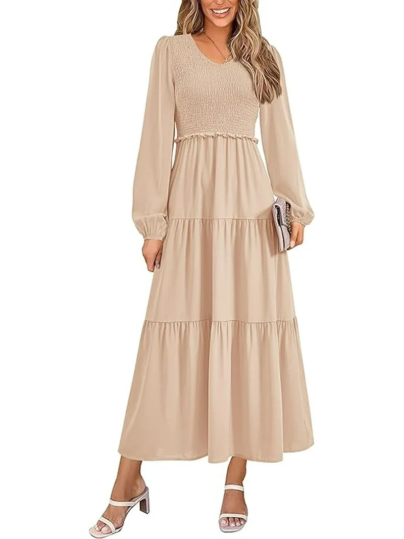 PRETTYGARDEN Women's Midi Dresses Spring Long Sleeve V Neck Tiered Smocked A Line Long Flowy Dres... | Walmart (US)