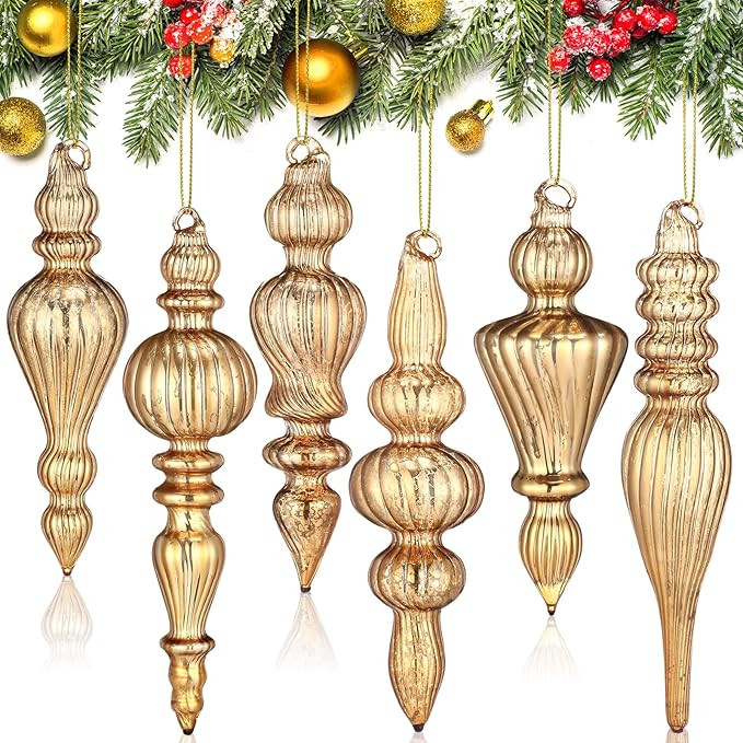 Soaoo 6 Pcs 6.3 Inch Rose Gold Mercury Glass Finial Christmas Ornaments Hanging Christmas Finials... | Amazon (US)