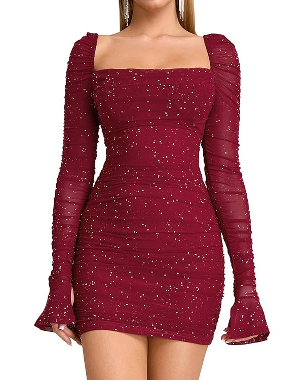 Women Sequin Long Sleeve Mini Dress Bodycon Party Formal Going Out Sparkly Sexy Dresses | Amazon (US)