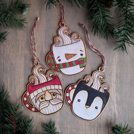 Classic Christmas Character Coffee Mug Ornament Set - Cute Santa Claus Snowman Penguin Laser Cut ... | Etsy (US)