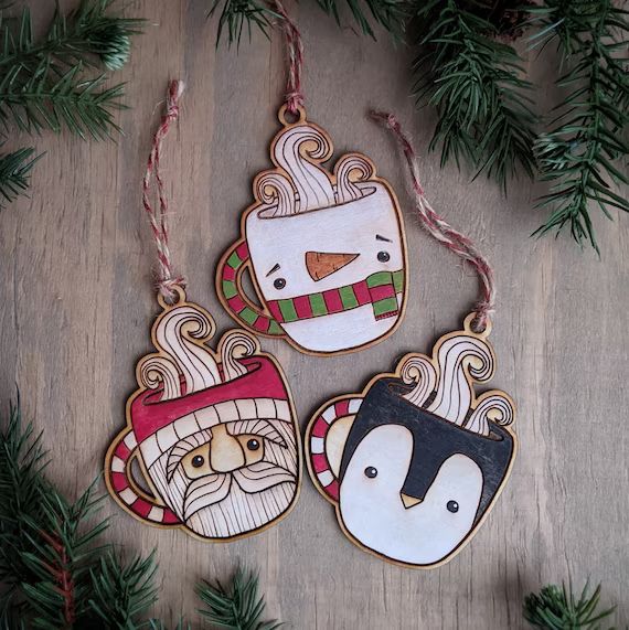 Classic Christmas Character Coffee Mug Ornament Set - Cute Santa Claus Snowman Penguin Laser Cut ... | Etsy (US)