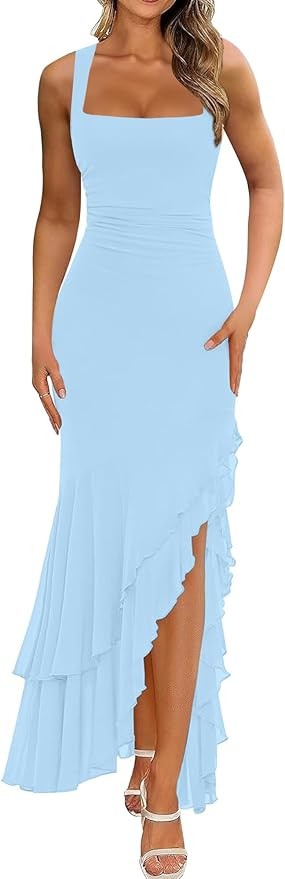BORIFLORS Women's Elegant Bodycon Ruched Maxi Cocktail Dress Mesh Sleeveless Mermaid Ruffle Beach... | Amazon (US)