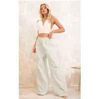 Pantalon droit en popeline de coton kaki à rayures et taille froncée, Kaki | PrettyLittleThing (FR)