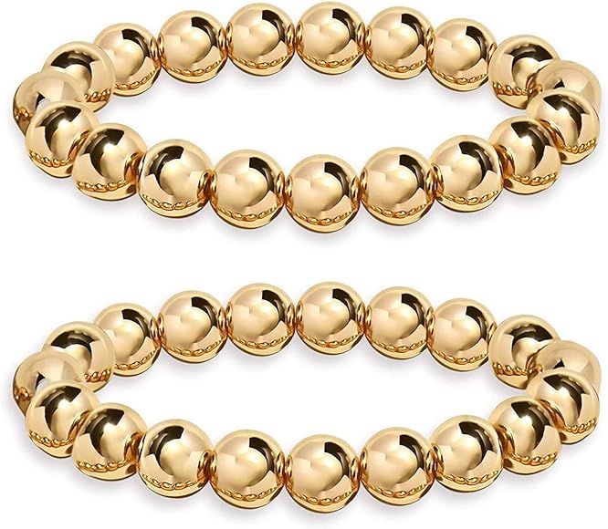 YBMYCM 14K Gold Plated Beaded Bracelets Letter Stretch Dainty Stackable Bracelet for Women Girls | Amazon (US)