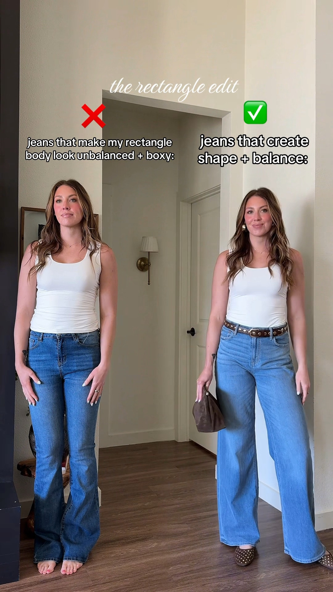 If you're a rectangle body type and all your outfits feel boxy, shapeless or straight up and down, then you're in the right place!


❌The jeans on the left are too tight through the hips and create a boxy, unflattering shape that throws off your proportions.
✅Swap them for these wide leg jeans (under $45!) that instantly define your waist (high rise also helps with this), create the illusion of curves, and give you that balanced, effortless silhouette everyone's loving right now.

I’m wearing a 27 extra tall in jeans! Small in white tank top 

#LTKSeasonal #LTKTall