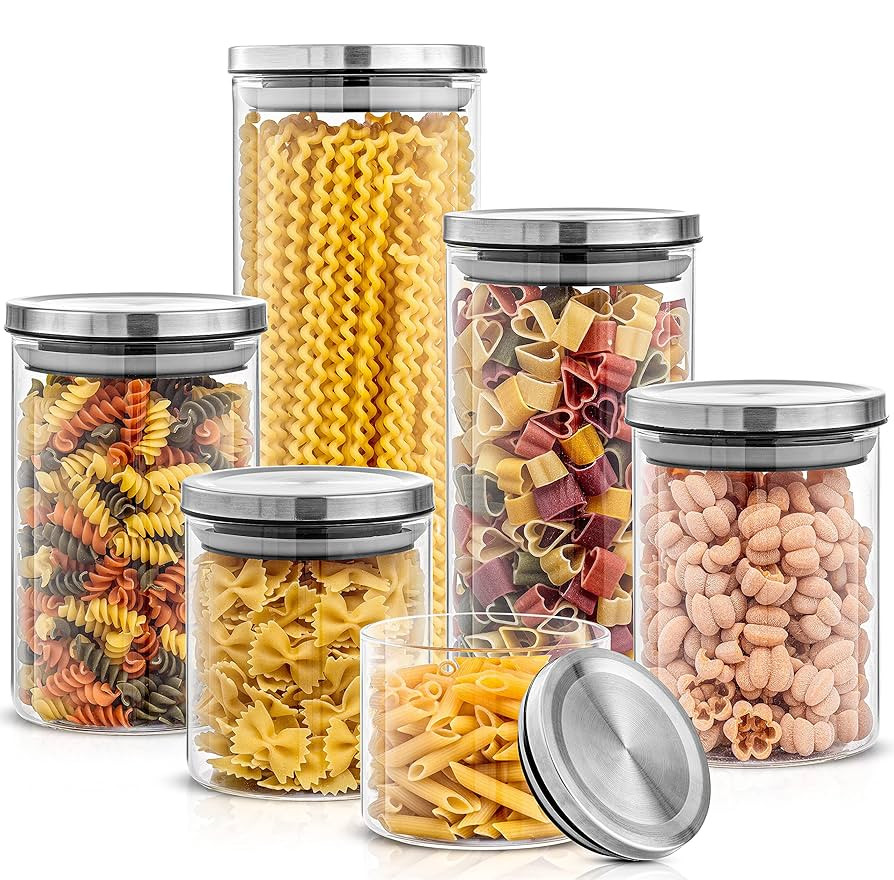 JoyJolt Kitchen Canister Set. 6 Glass Jars with Lids (Stainless Steel) Lids. Airtight Food Storag... | Amazon (US)