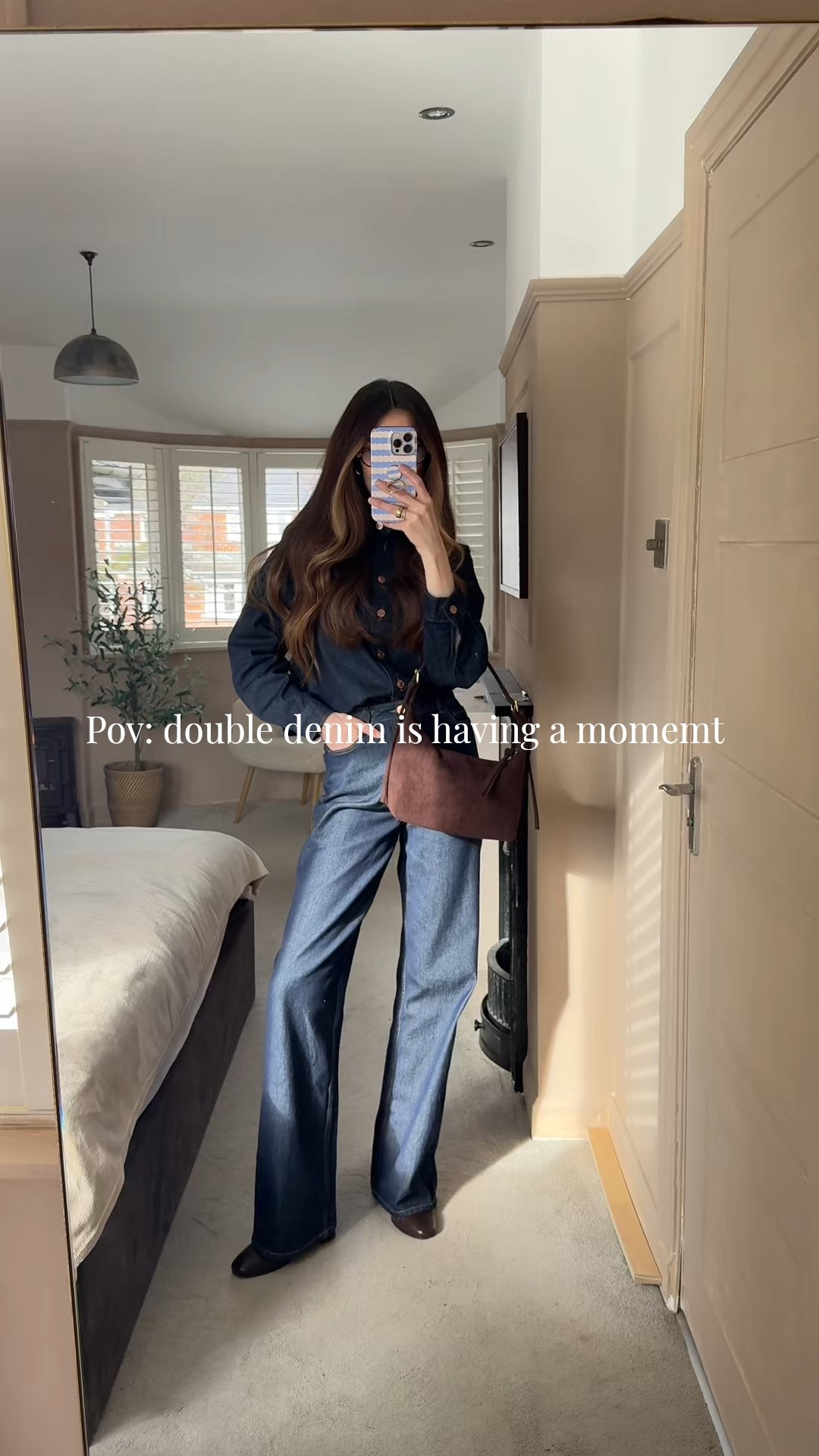 Double denim 👖 Dark wash navy jeans and denim shirt from New Look! Chocolate brown bag and brown boots perfect for a winter outfit 🤎 

The jeans come up a little big so size down and I got them in the tall range so I could wear heels (I’m 5’7) 