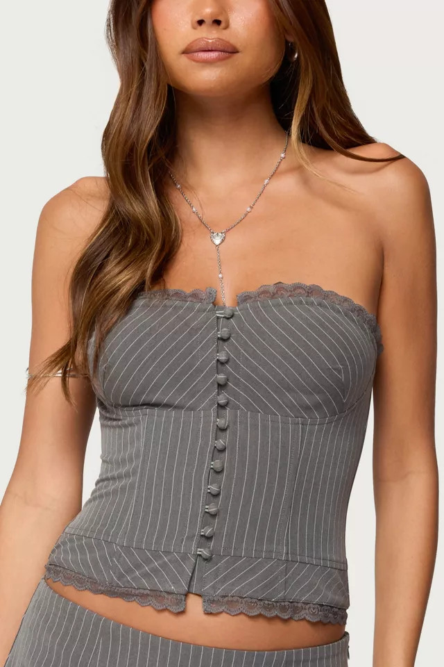 Edikted Mona Lacey Pinstripe Strapless Corset in Dark/Gray, Women's at Urban Outfitters | Urban Outfitters (US and RoW)