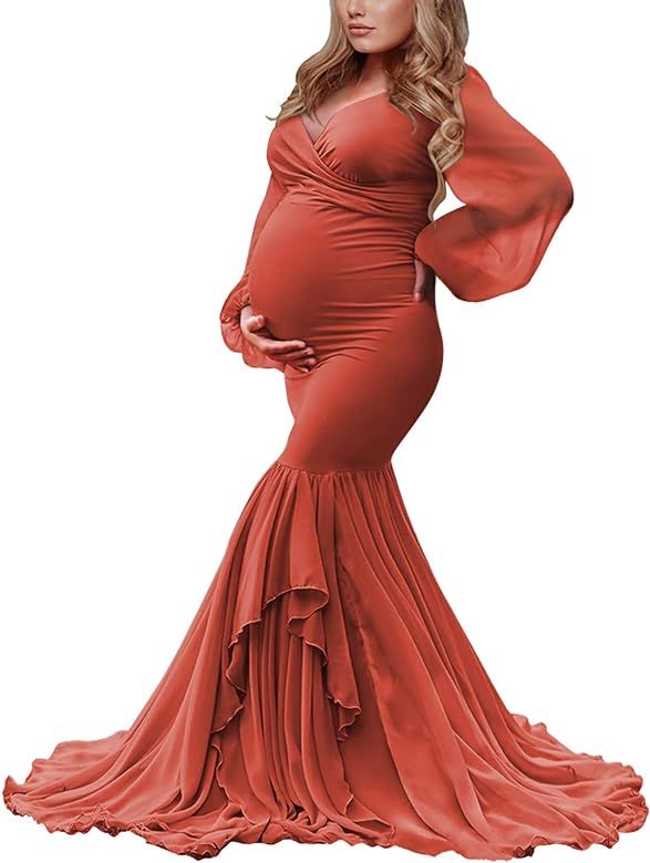 Long Chiffon Sleeve Tired Mermaid Maternity Dress for Photoshoot Photography Baby Shower | Amazon (US)