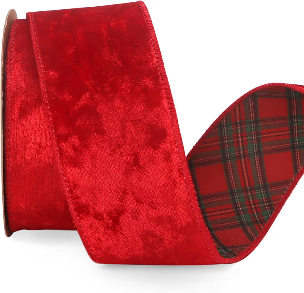 Ribbli Red Crushed Velvet Wired Ribbon with Red Green Tartan Reversible 2.5 Inch Christmas Ribbon... | Amazon (US)
