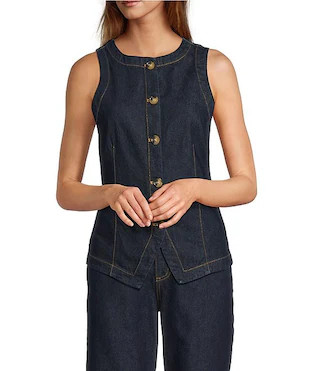 Katie Denim Round Neck Sleeveless Button Front Vest | Dillard's