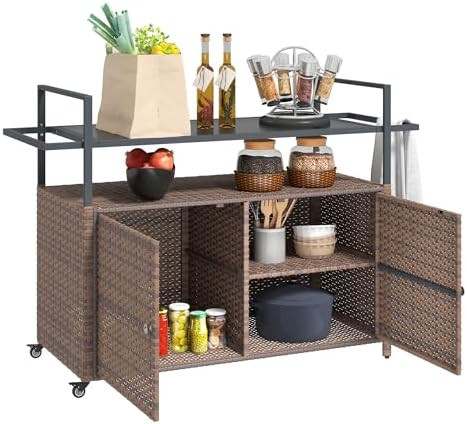 Outsunny PE Rattan Outdoor Storage Cabinet, Wicker Outdoor Bar Table Kitchen Island with Wheels &... | Amazon (US)