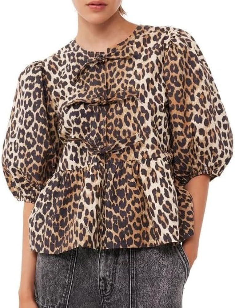 Leopard Print Tops for Women Puff Sleeve Top Cute Summer Shirts Tie Front Cardigan Blouse Y2k Bab... | Amazon (US)
