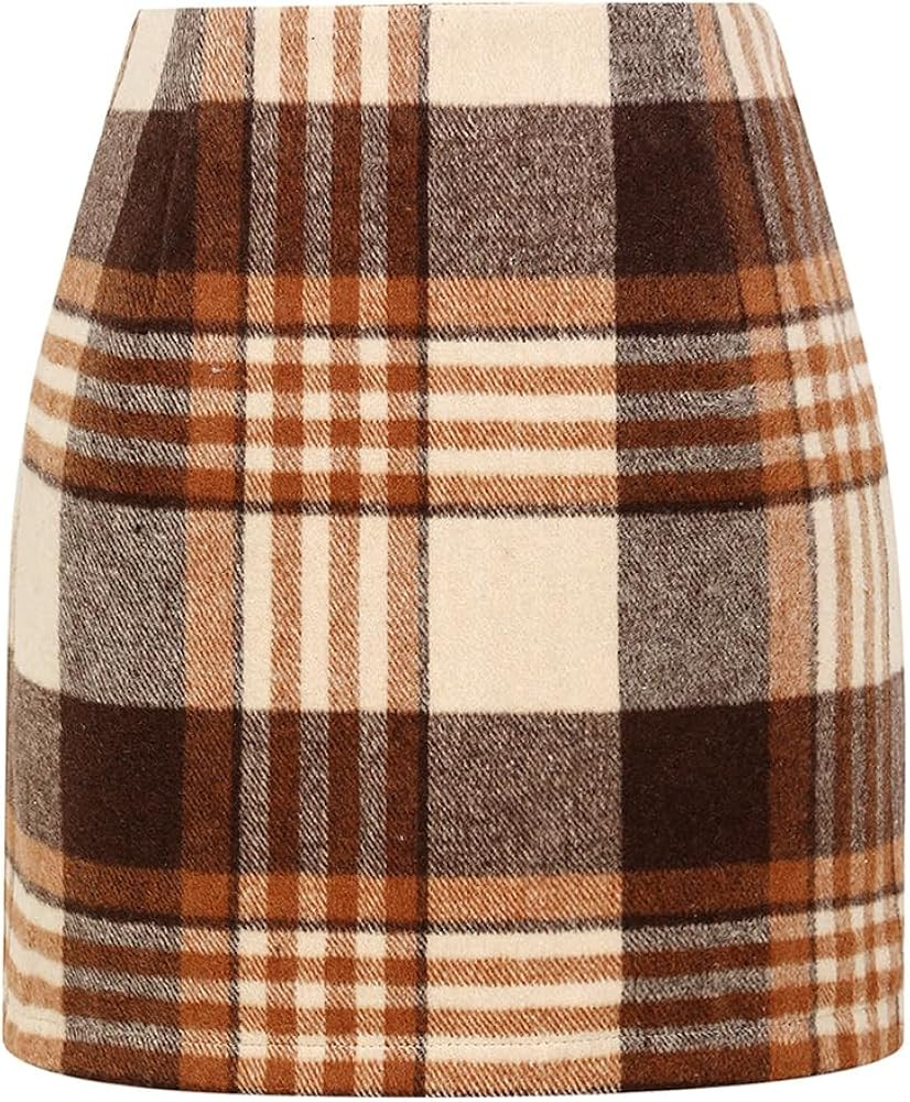Kinghua Womens Wool Plaid Mini Skirt Fall Winter High Waisted Bodycon Pencil Skirt | Amazon (US)