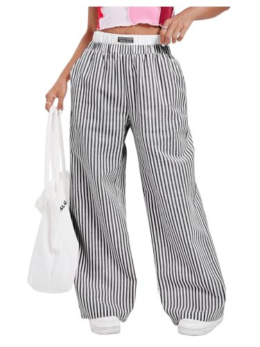 OYOANGLE Women's Colorblock Striped Print Pants Y2K High Elastic Waist Loose Wide Leg Pants with Pockets Black and White Large | Amazon (US)