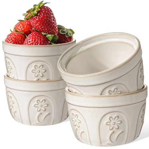 Artena Ramekins Oven Safe, Creme Brulee Ramekins, Embossed White Ceramic Ramiken, Souffle Pudding Custard Cups, Baking Dish, Dipping Bowls, Sauce Cups, Set Of 4 (Pinwheel Flower, 8 oz) | Amazon (US)