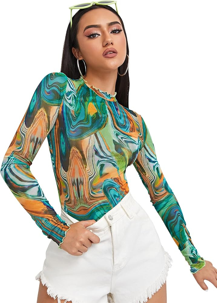 SheIn Women's Mock Neck Long Sleeve All Over Print Mesh Fitted Blouse Top | Amazon (US)