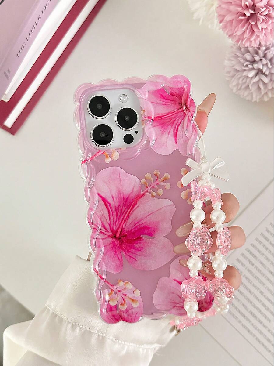 Floral Pattern Painted Braided Transparent Bracelet Phone Case, Flat Printed, Anti-Drop Shockproof Scratch Resistant, Compatible With 16, 16 Pro, 16 Pro Max, 16 Plus, 14, 15, Xs, Xr, 7, 8, Plus, S25, A14, A15, A16, A24, A36, A35, A13 Protective Smartphone Cover | SHEIN