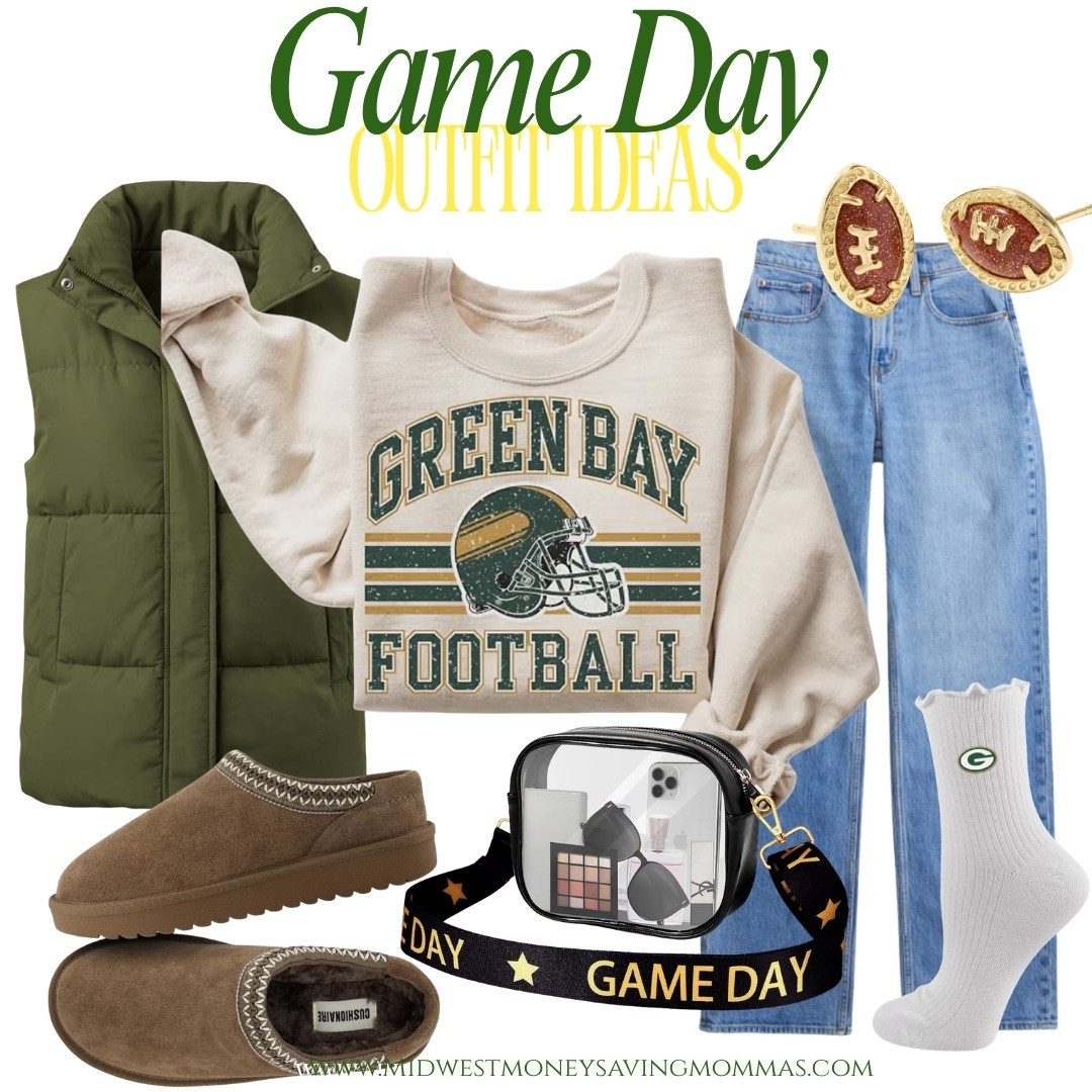 Game day outfit ideas! 🏈 

Green Bay Packers football season football game denim jeans  slippers stadium bag sweatshirt puffer vest football earrings crew socks

#LTKootd #LTKgrwm #LTKmomlife