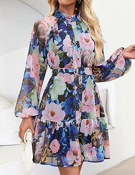 ZESICA Womens Spring Summer Floral Mini Dress Long Sleeve Button Chiffon A Line Swing Short Weddi... | Amazon (US)