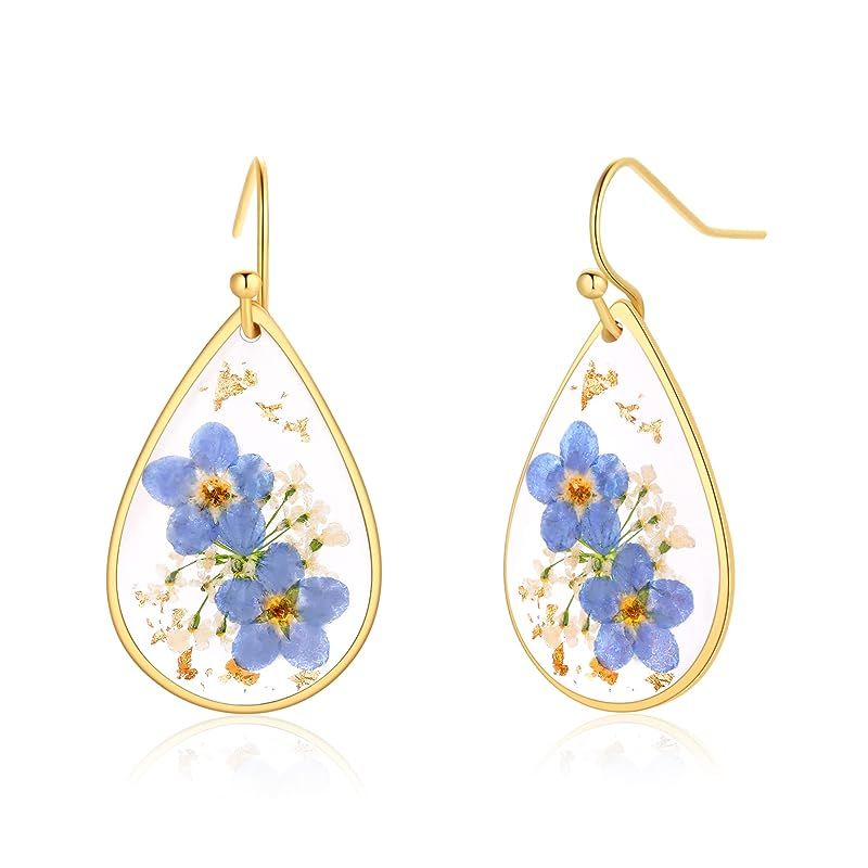 Forget-Me-Not and Queen Anne's Lace Pressed Wildflower Earrings | Drop Dangle Earring For Women G... | Amazon (US)