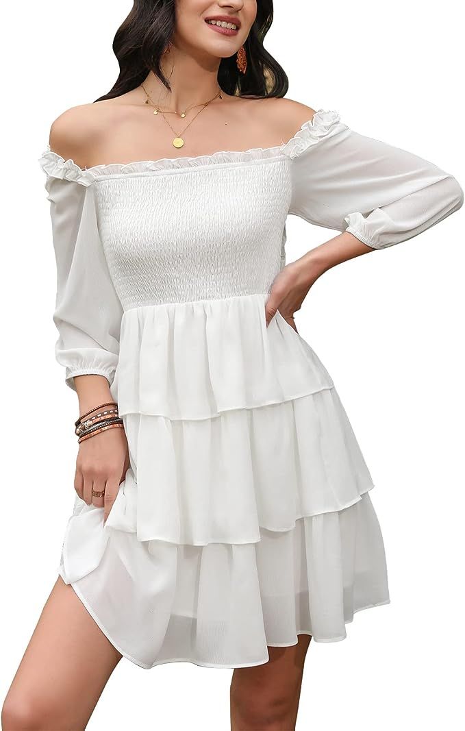Byinns Women's Off Shoulder Ruffle Dress Sundress Puff Sleeve Backless Tiered Smocked Tie Waist F... | Amazon (US)