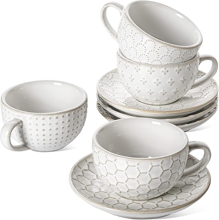 LE TAUCI Cappuccino Cups with Saucers - 6 oz Ceramic Coffee Cup and Saucer Set for Latte, Cafe Au... | Amazon (US)