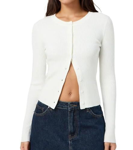 Cioatin Women Long Sleeve Button Up Ribbed Knit Crop Cardigan Y2K Slim Fit Round Neck Sweater Tsh... | Amazon (US)