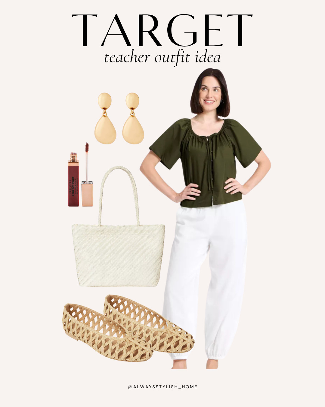 Teacher outfit of the day 🍎 chic green blouse, white jeans, woven tote bag, raffia ballet flats, workwear, teacher outfit idea, back to school, gold earrings, teacher bag fall fashion, fall outfit, target fall outfit ✨ #TeacherStyle #TeacherOOTD #TeacherFashion #LTKStyle #LTKootd 

 #LTKdayinmylife #LTKootd #LTKWorkwear