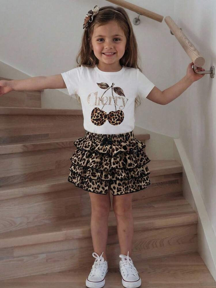 Emery Rose Kids Emery Rose Kids Young Girl Cherry Letter Print Short Sleeve T-Shirt And Leopard C... | SHEIN