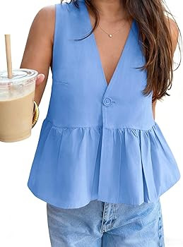 Tankaneo Womens V Neck Babydoll Tank Tops Peplum Ruffle Hem Sleeveless Shirts Summer Casual Butto... | Amazon (US)