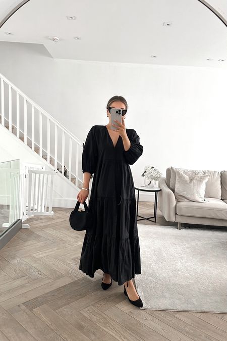 All black spring summer outfit from new look - maxi cotton puff sleeved dress, black heeled strappy shoes, black woven handbag & sunnies  

#LTKSeasonal #LTKstyletip #LTKeurope