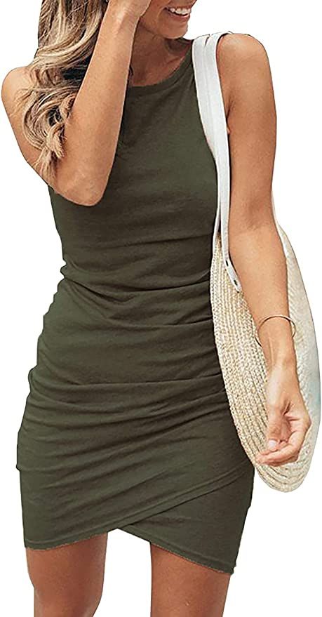 HiMONE Women Sleeveless Tank Ruched Bodycon Wrap Casual Short Dresses | Amazon (US)
