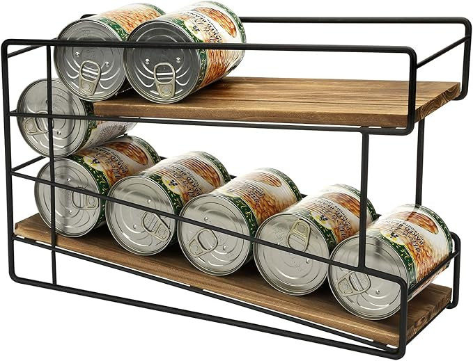 MyGift 2 Tier Rustic Solid Burnt Wood Front Loading Can Dispenser Rack with Black Metal Wire Fram... | Amazon (US)