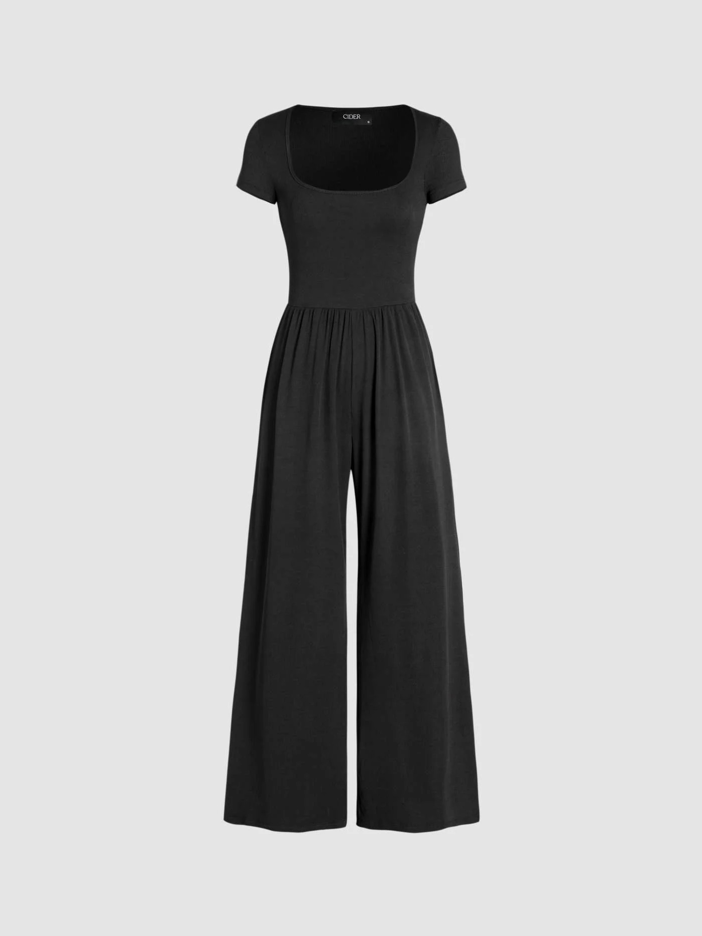 Knit Fabric Scoop Neckline Short Sleeve Wide Leg Jumpsuit For Daily Casual | Cider