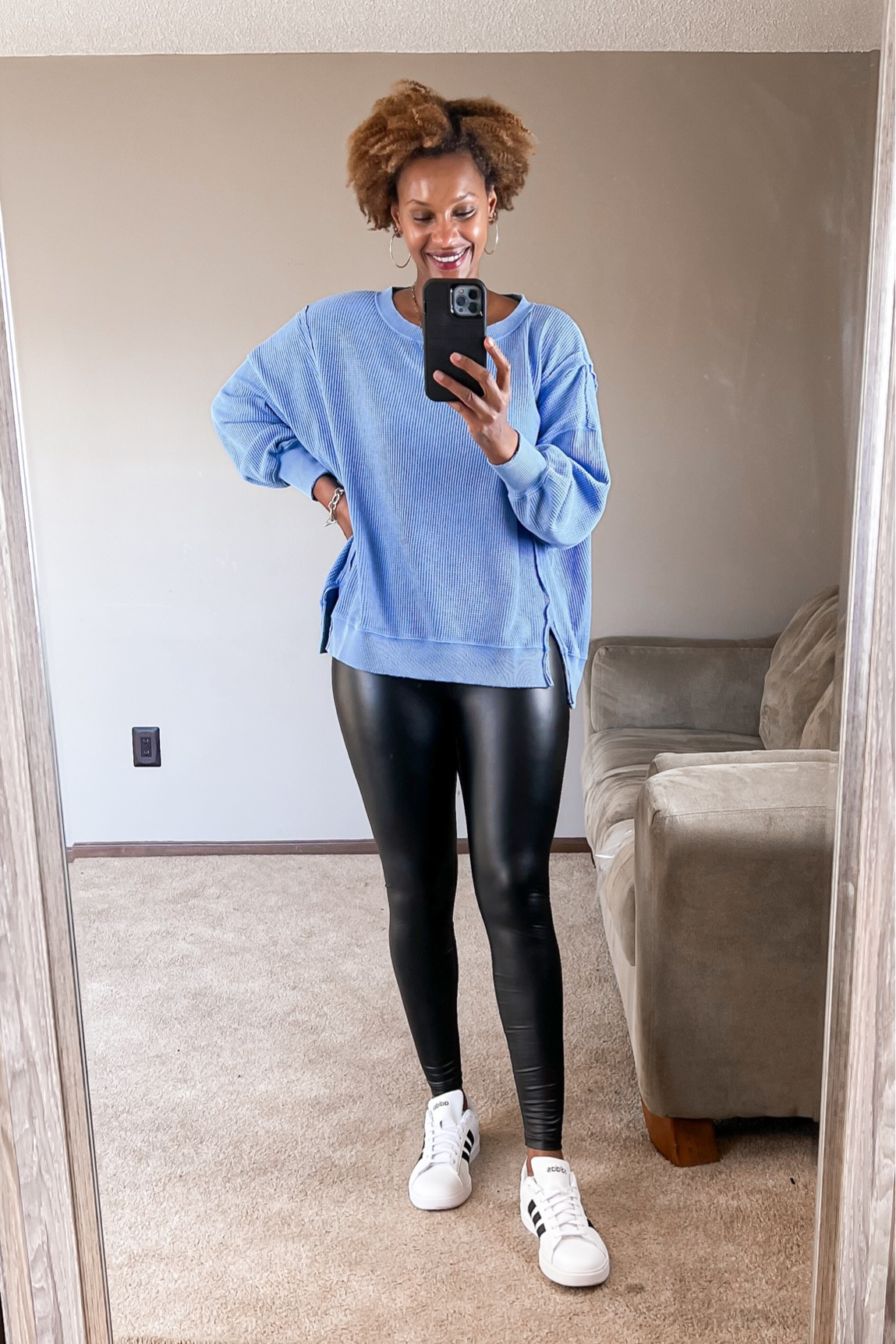 Comfy faux leather leggings and big hug sweatshirt from American Eagle 

#LTKSeasonal #LTKstyletip #LTKover40