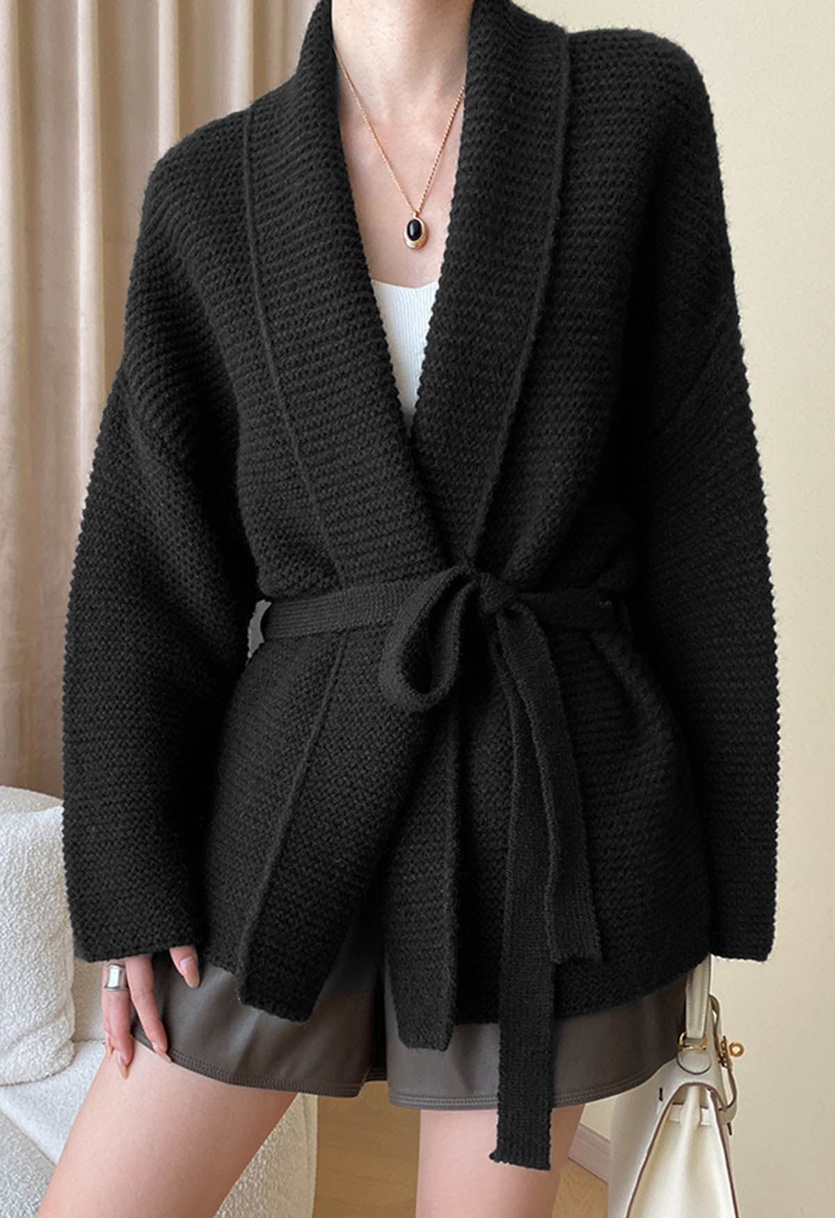 Collared Self-Tie Wrap Waffle Knit Cardigan in Black | Chicwish