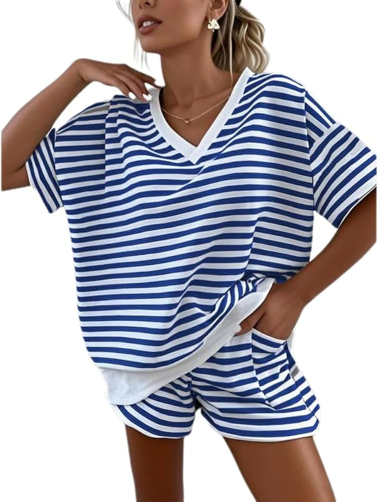 Melliflo Women 2 Piece Outfits Lounge Sets Striped Print Long Sleeve V Neck Sweatshirt and Shorts... | Amazon (US)
