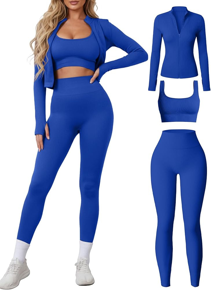 Women 3 Piece Seamless Workout Set Sports Bra High Waisted Gym Yoga Leggings Zip Up Jacket with T... | Amazon (US)