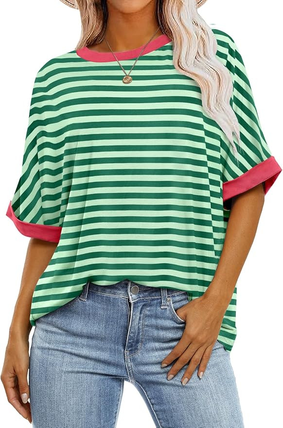 ANRABESS Women's Oversized T Shirts Striped Color Block Summer Tops Short Sleeve Crewneck Casual ... | Amazon (US)