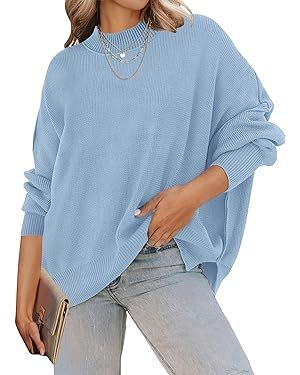 ZESICA Women's 2024 Fall Casual Long Sleeve Crew Neck Side Slit Oversized Ribbed Knit Pullover Sw... | Amazon (US)