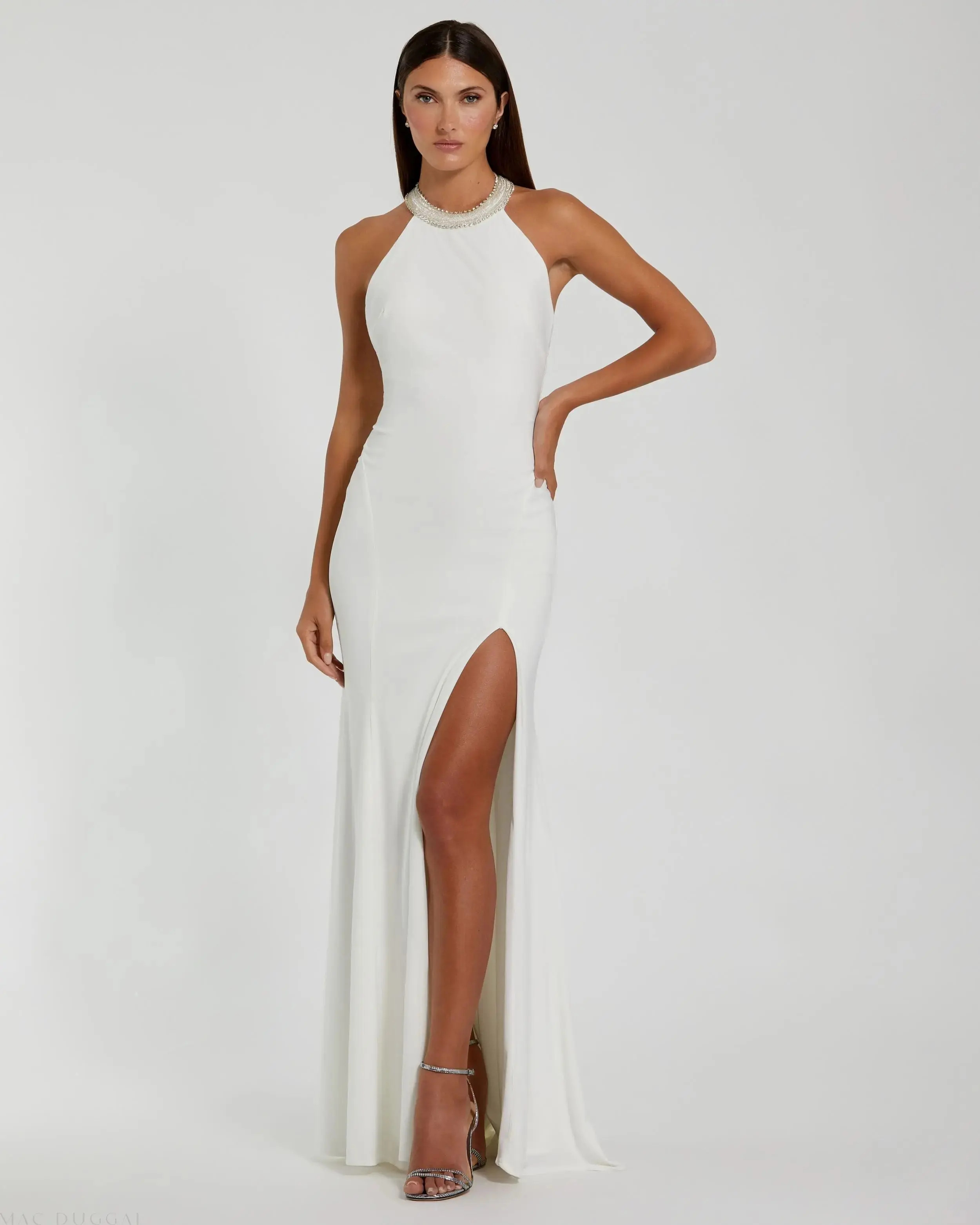 White Beaded Halter Jersey Gown - Mac Duggal | Mac Duggal