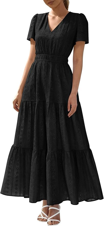 BTFBM Womens Summer Dresses 2026 V Neck Hollow Out Eyelet A Line Flowy Boho Beach Vacation Weddin... | Amazon (US)