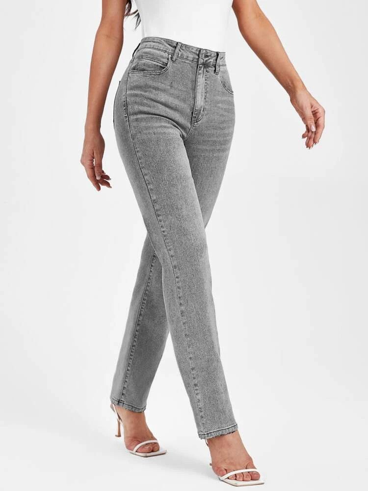 SHEINBlues High Waist Raw Cut Straight Leg Jeans | SHEIN